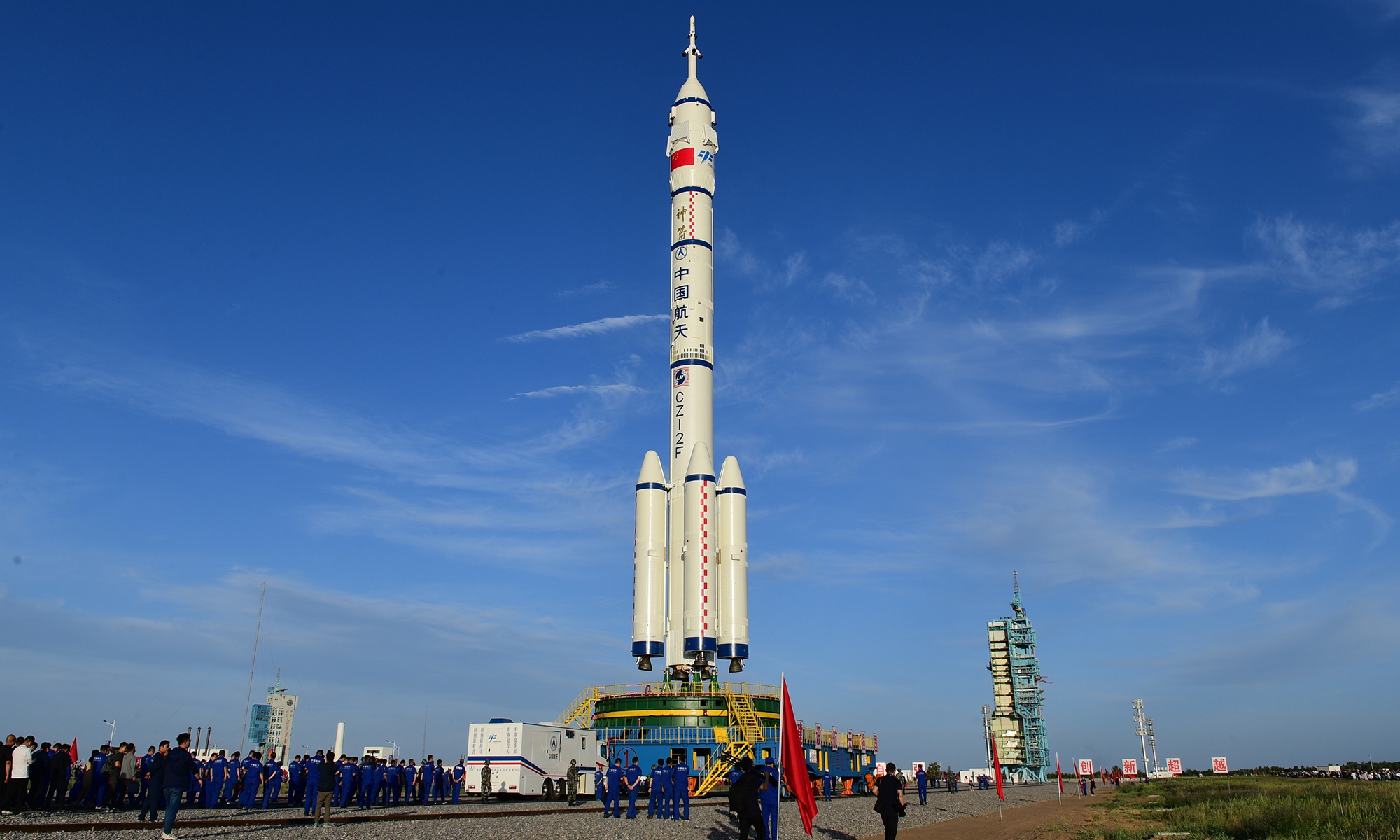 China's Long March-2F Y12 carrier rocket and the Shenzhou-12 spacecraft are moved to the launch pad at the Jiuquan Satellite Launch Center in Northwest China's Gansu Province on Wednesday. Shenzhou-12 will send three Chinese astronauts to China's Tianhe space station core cabin. Photo: Wang Jiangbo